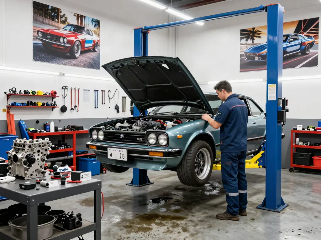 Mechanic working on a Toyota Supra A80 platform in an automotive workshop.
