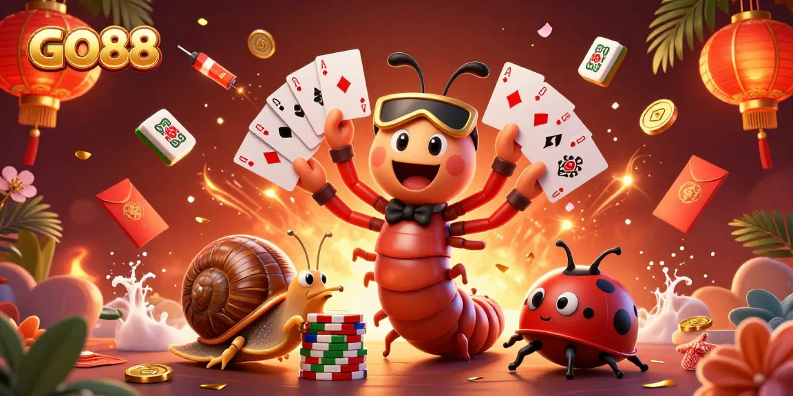 Experience excitement at GO88 with a vibrant casino scene filled with lively characters and colorful game elements.