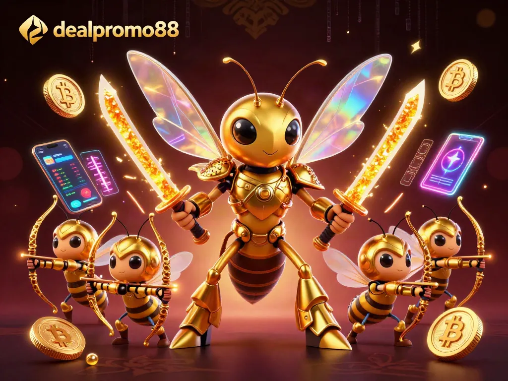 Engage with dealpromo88's vibrant online casino scene featuring a golden hornet and crypto elements.