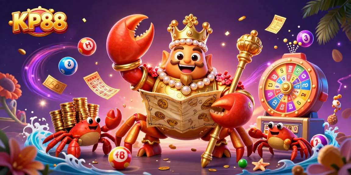 Experience the excitement of KP88 with a vibrant scene featuring a golden crab emperor amid colorful lottery games.
