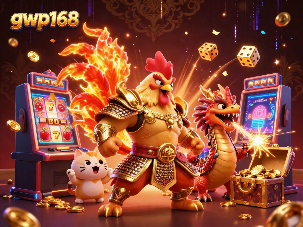 Permainan slot giring jackpot sukses dari gwp168 dengan ayam jantan dan naga di belakangnya.