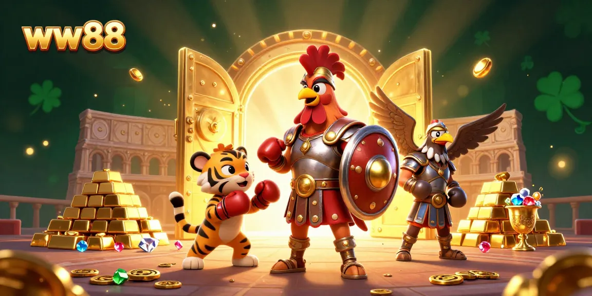 Bet big at ww88 with a dynamic scene of casino characters celebrating wealth and excitement.