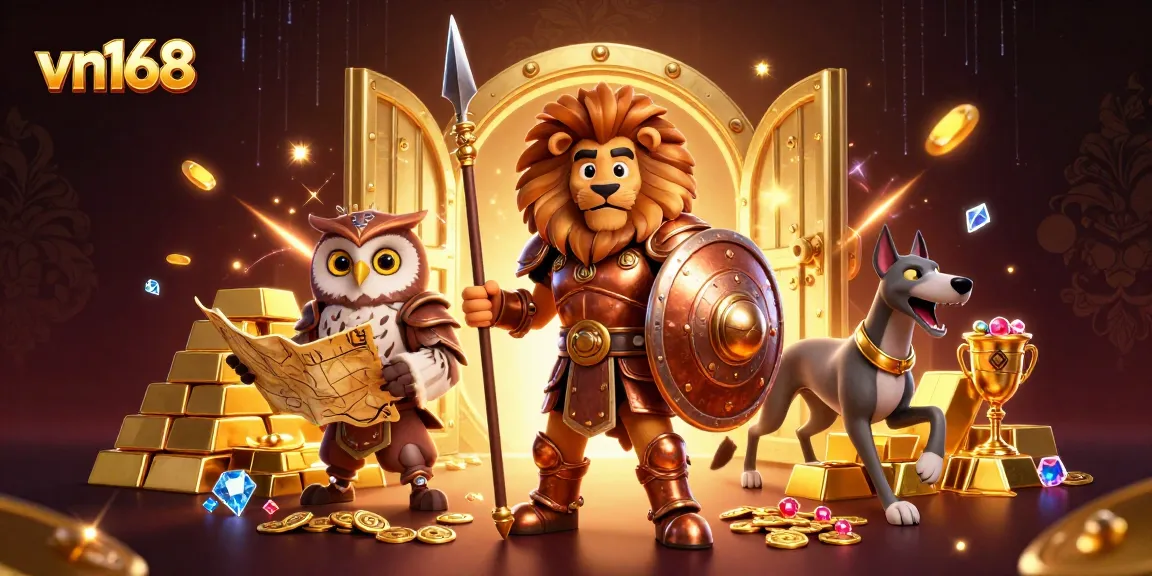 Experience thrilling gaming at vn168 with a vibrant 3D illustration of heroic characters and epic treasures.
