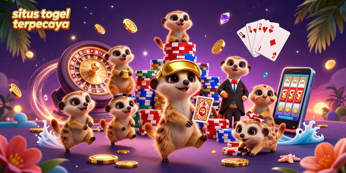 Situs togel terpercaya showcases meerkats in a vibrant casino scene with coins, cards, and jackpots.