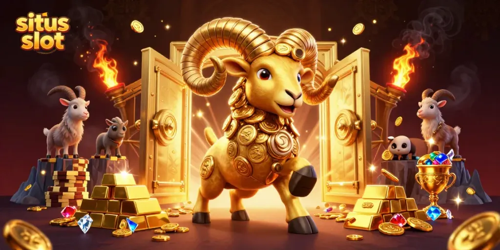 Gambarkan aksi menyerbu dari situs slot dengan karakter ram emas dan tumpukan kekayaan di latar belakang.