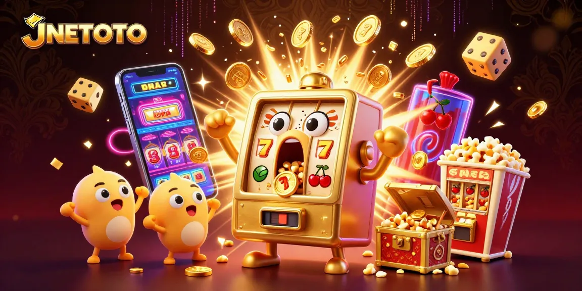 Menghadirkan momen seru JNETOTO saat mesin slot emas bersenang-senang meraih jackpot dalam ilustrasi 3D yang memukau.