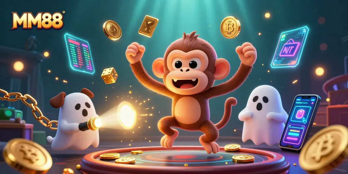 Engage with MM88 in a vibrant 3D illustrated casino scene featuring a playful poltergeist monkey and a curious puppy.
