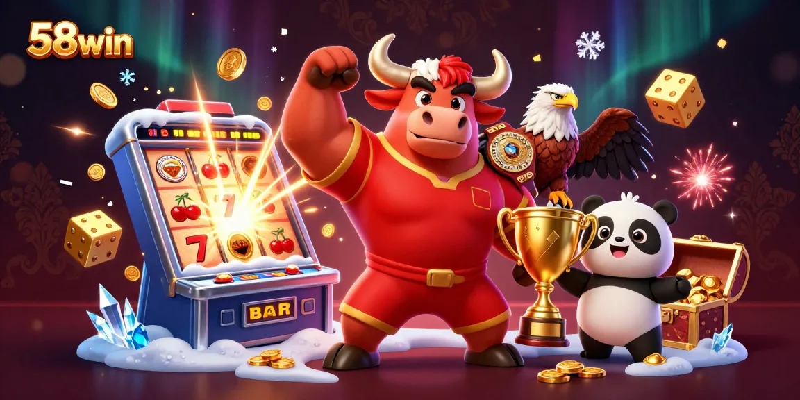 58win showcases an exciting gaming scene with charismatic characters and jackpot elements exploding in a vibrant casino setting.