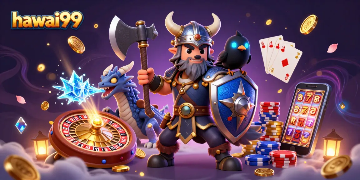 Engage with hawai99 casino's vibrant games featuring a Viking wolf warrior, dragon, and rich casino elements.