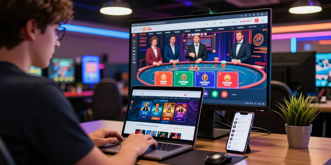 Engaging Grandbetting online gambling setup with vibrant gaming options, showing a player interacting with live casino.