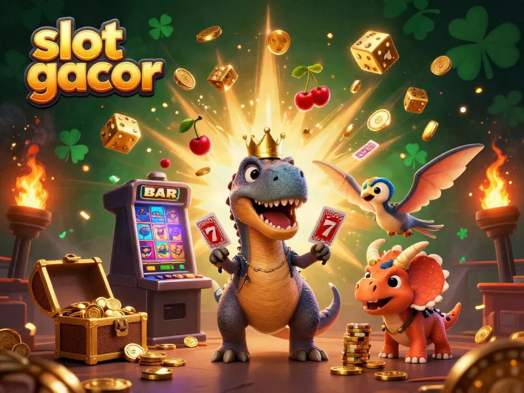 Menangkan slot gacor dengan dinosaur bertema kasino yang menarik dan elemen bergaya permainan yang ceria.