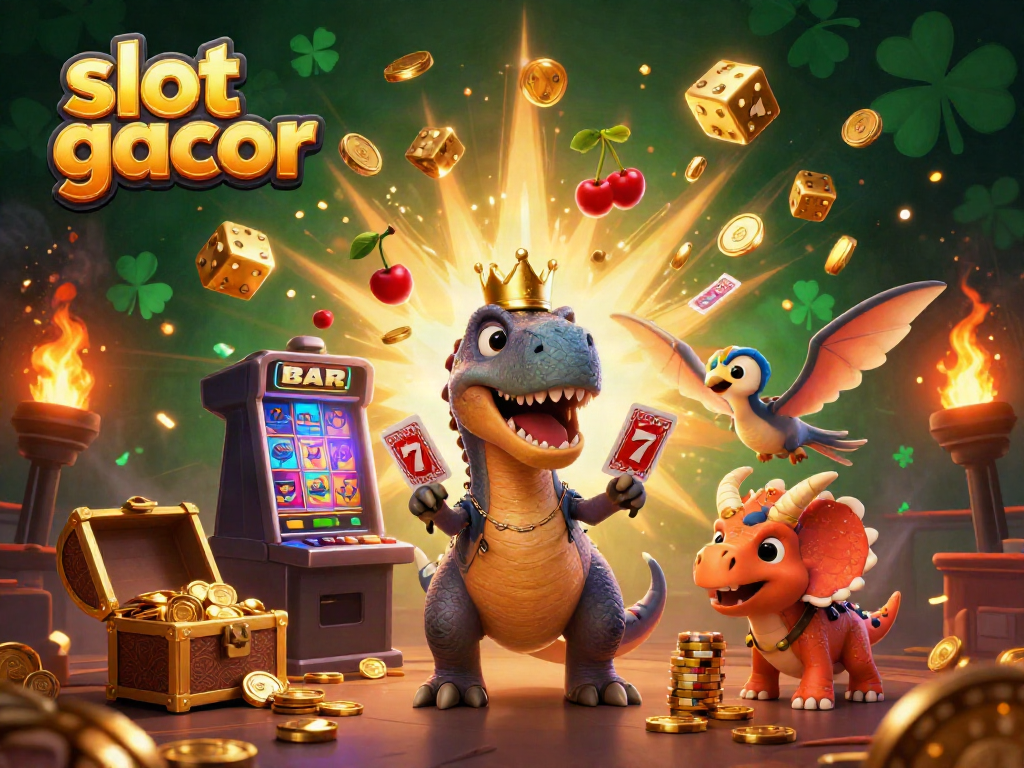 Menangkan slot gacor dengan dinosaur bertema kasino yang menarik dan elemen bergaya permainan yang ceria.