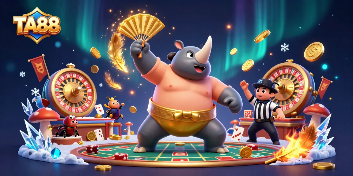 TA88 live casino illustration featuring a rhinoceros beetle champion amidst golden coins and betting tokens.