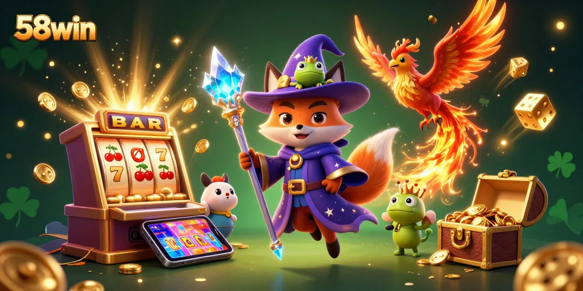 Experience the thrill of 58win's slot machines surrounded by a magical wizard and phoenix.