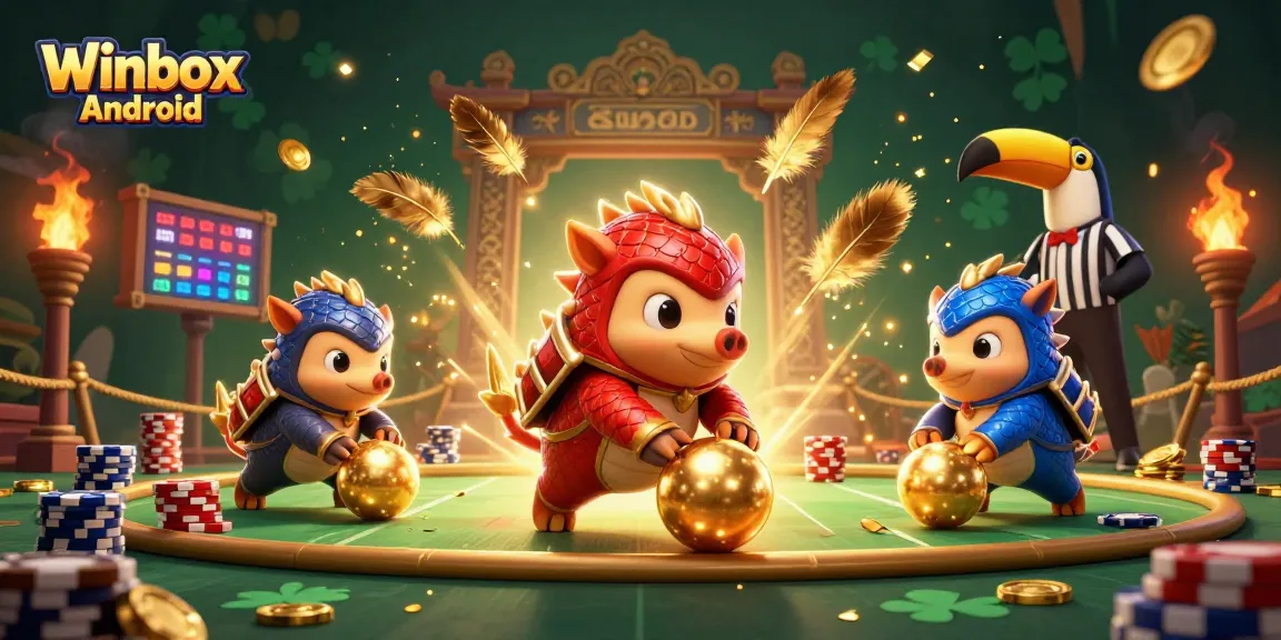 Winbox Android brings excitement with pangolins bowling golden balls among poker chips in a dynamic casino scene.