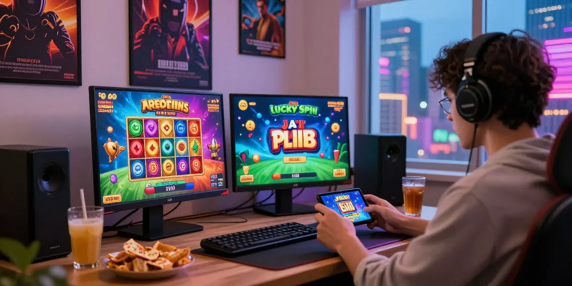 Player enjoying the JaiClub online gaming experience on a mobile device, surrounded by colorful game graphics and a cozy gaming setup.
