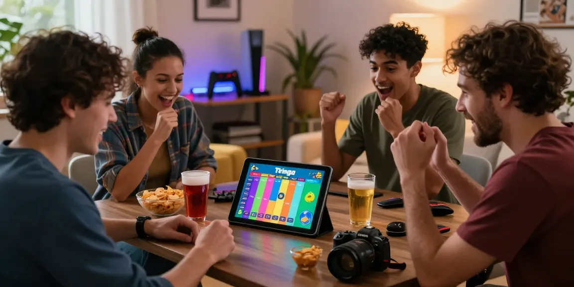 Tiranga Game scene with friends engaging in colour prediction game on tablet, showcasing vibrant gaming atmosphere.