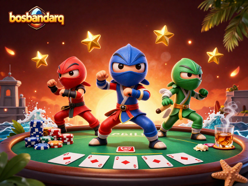 Engage in thrilling poker battles with bosbandarq's vibrant ninja chameleons and colorful chips.