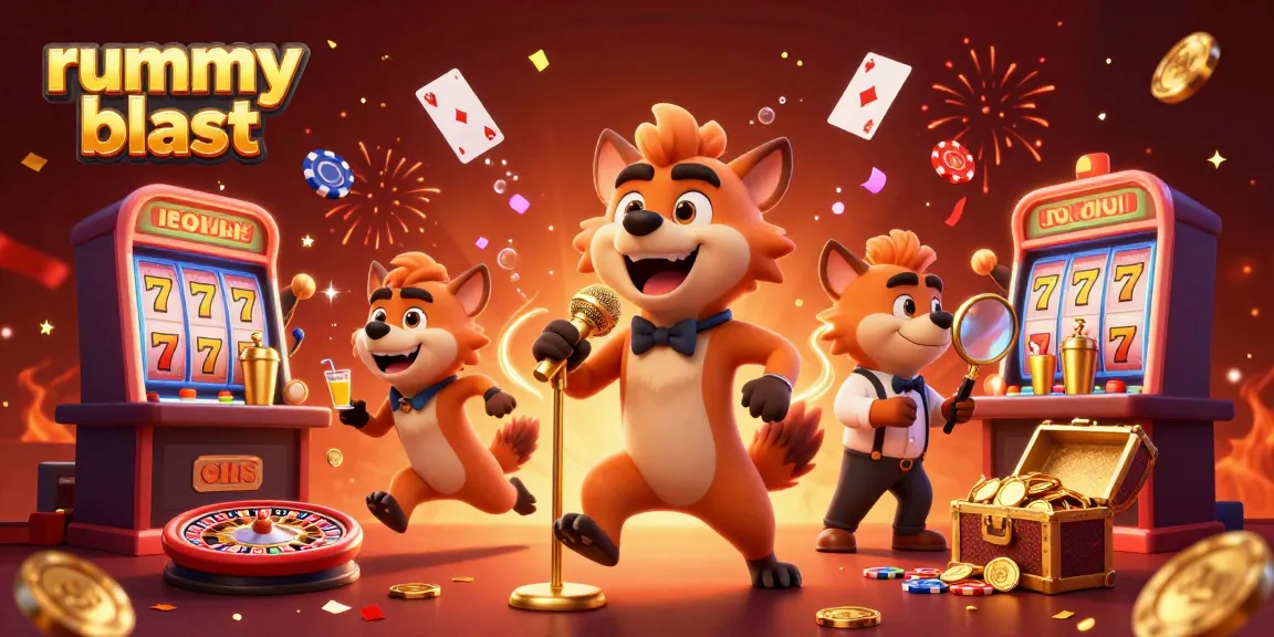 Engage with rummy blast and vibrant casino excitement featuring cartoon hyenas in a lively casino scene.