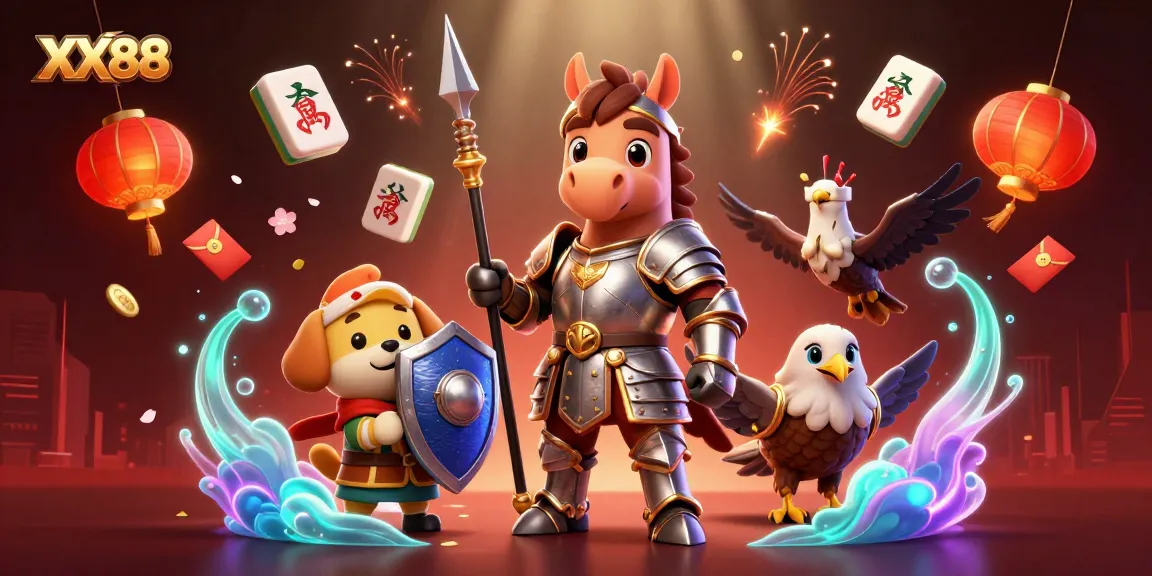 Engage with the thrill of XX88 as a knight, puppy, and falcon explore a vibrant casino scene.