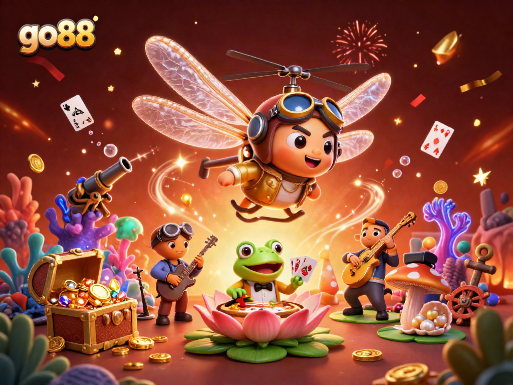 Experience fun at go88 with a thrilling dragonfly pilot, a frog dealer, and jazz musicians in a vibrant casino!