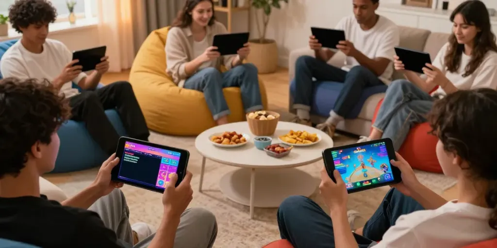 Group enjoying yono games on smartphones in a cozy setting