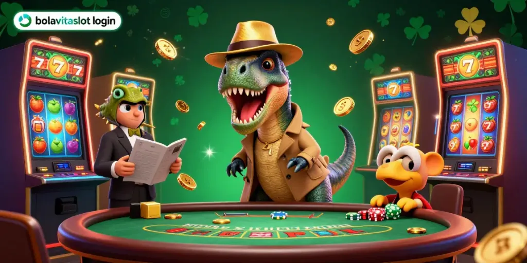 Experience thrilling gameplay with bolavitaslot login, featuring vibrant slot machines and cartoon dinosaur characters.