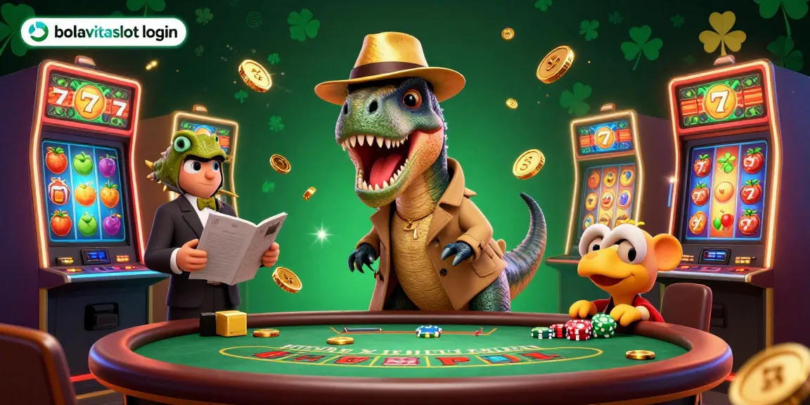 Experience thrilling gameplay with bolavitaslot login, featuring vibrant slot machines and cartoon dinosaur characters.