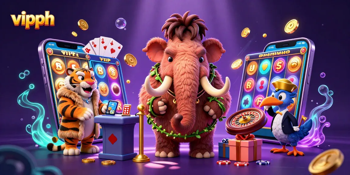 Play exciting games at vipph, featuring a vibrant 3D casino scene with colorful slot games and lively characters.