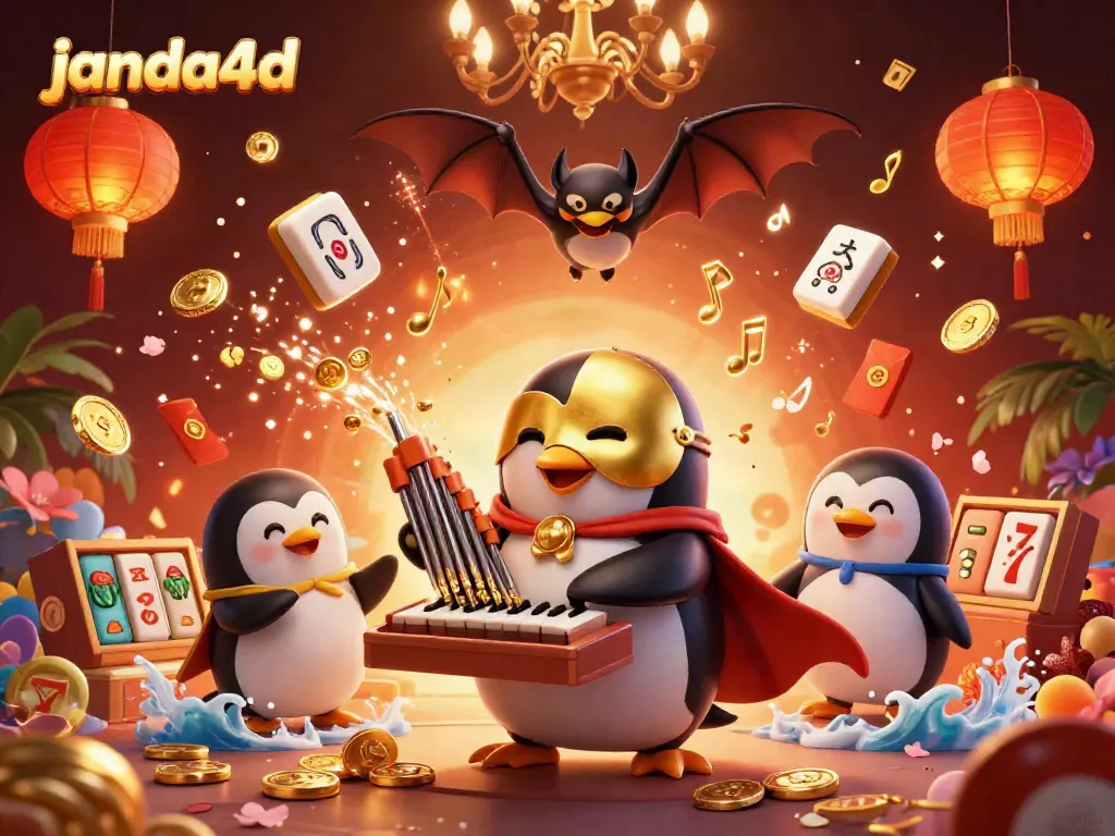 janda4d menampilkan penguin opera bermain organ dengan koin emas dan elemen kasino lainnya