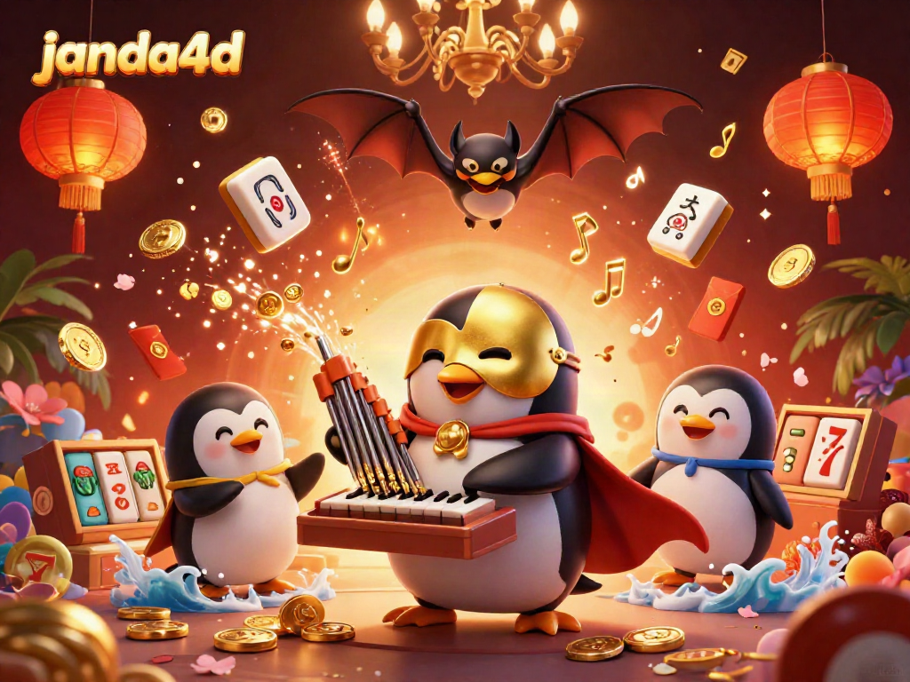 janda4d menampilkan penguin opera bermain organ dengan koin emas dan elemen kasino lainnya