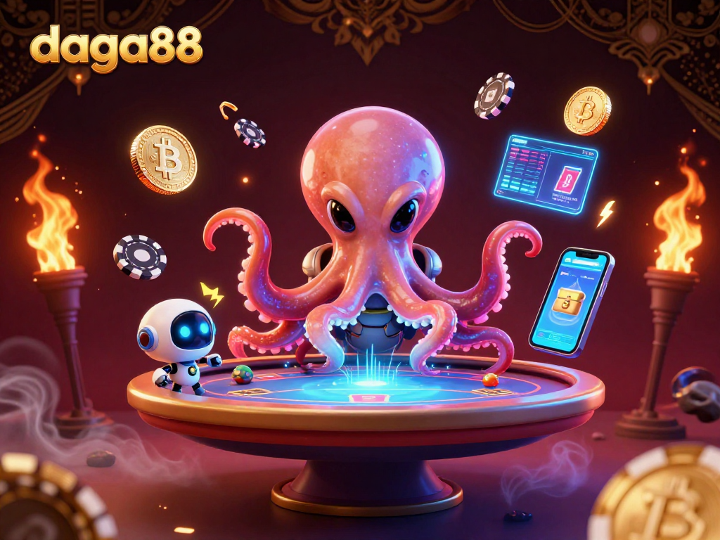 Experience gameplay excitement at daga88 with an alien octopus dealer at a holographic poker table.