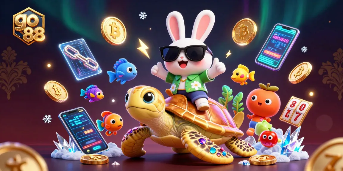 Engaging scene of go 88 with a lucky rabbit and golden turtle enjoying a winning ambiance amidst vibrant casino elements.