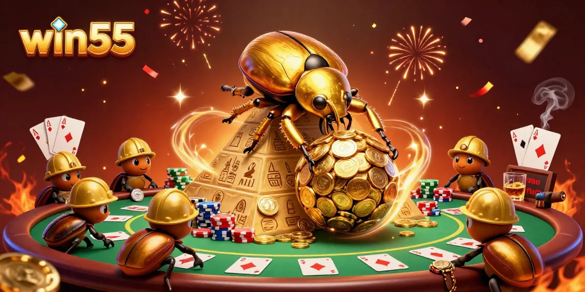 Join the excitement at win55 with golden beetles rolling coins and poker elements amidst a festive casino scene!