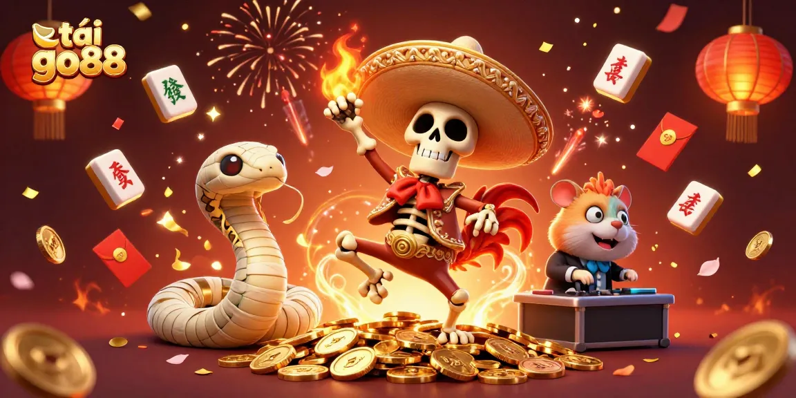 Win big with tải go88 as a cartoon mariachi rooster celebrates over a pile of gold.