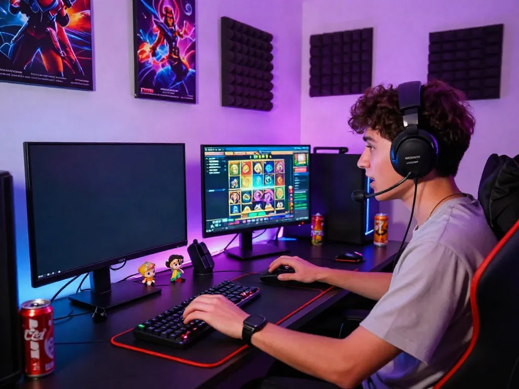 Enthusiastic gamer immersed in online gaming with dynamic LED lights, akunjp theme