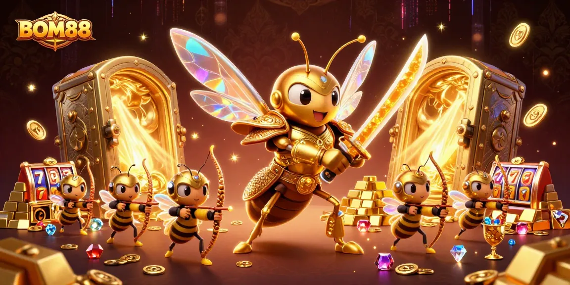 BOM88 showcases a vibrant 3D casino scene with slot elements, treasures, and a heroic hornet.