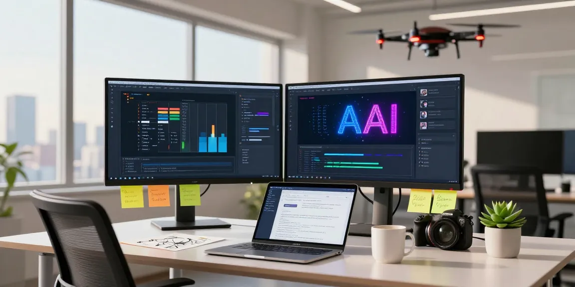 Developer in modern workspace exploring best AI tools for productivity and coding.