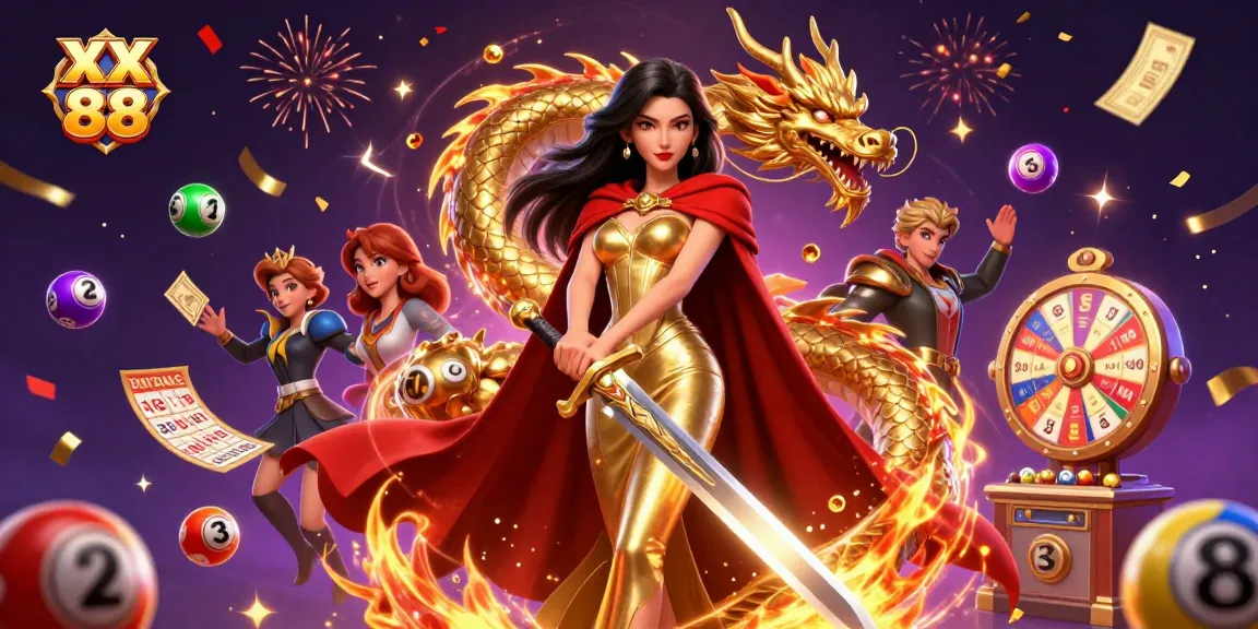Win big with XX 88 in this vibrant 3D illustration featuring a warrior queen and dynamic lottery elements.