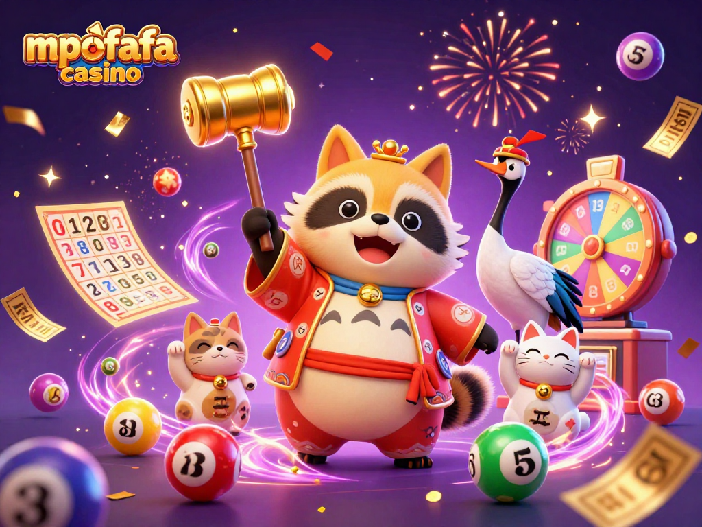 Experience the excitement of mpofafa casino with a festive scene of characters and game elements.