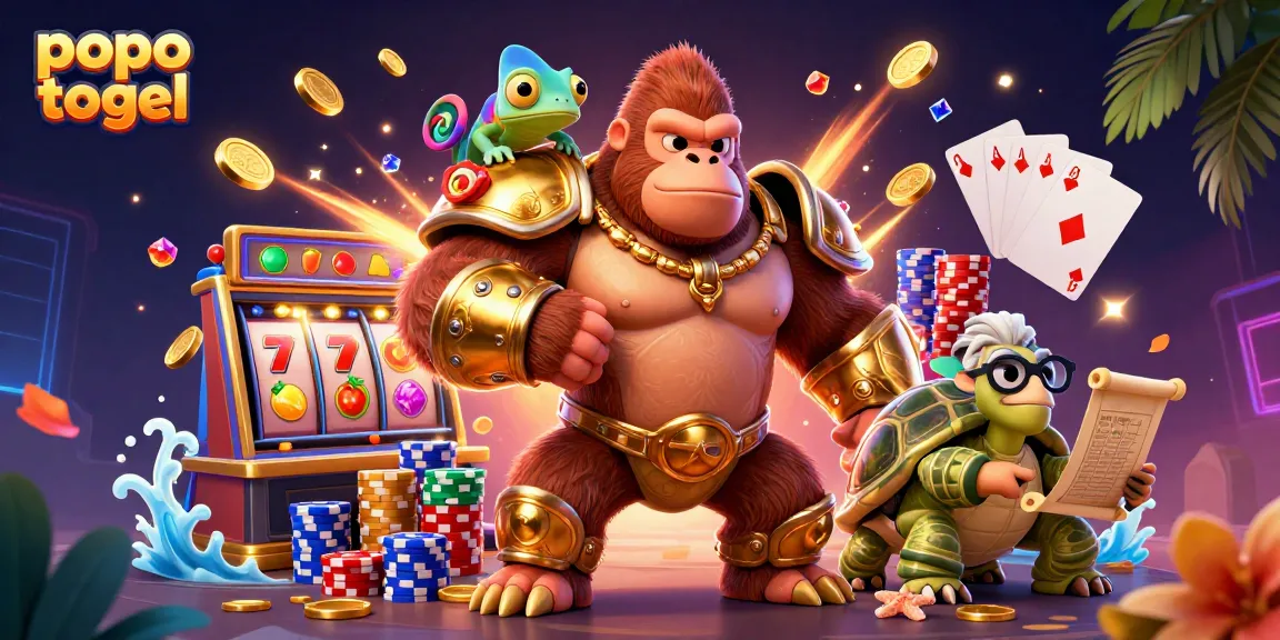 Engage with popo togel in a vibrant casino scene with colorful slot reels and energetic characters.