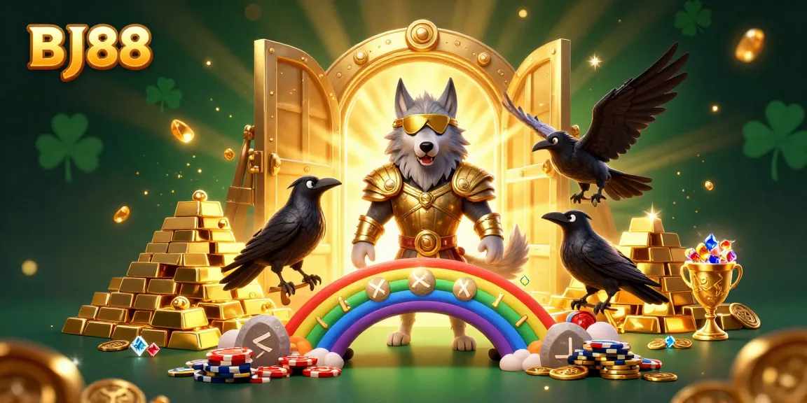 BJ88 showcases a vibrant casino scene with Norse mythology characters amid glowing treasures.