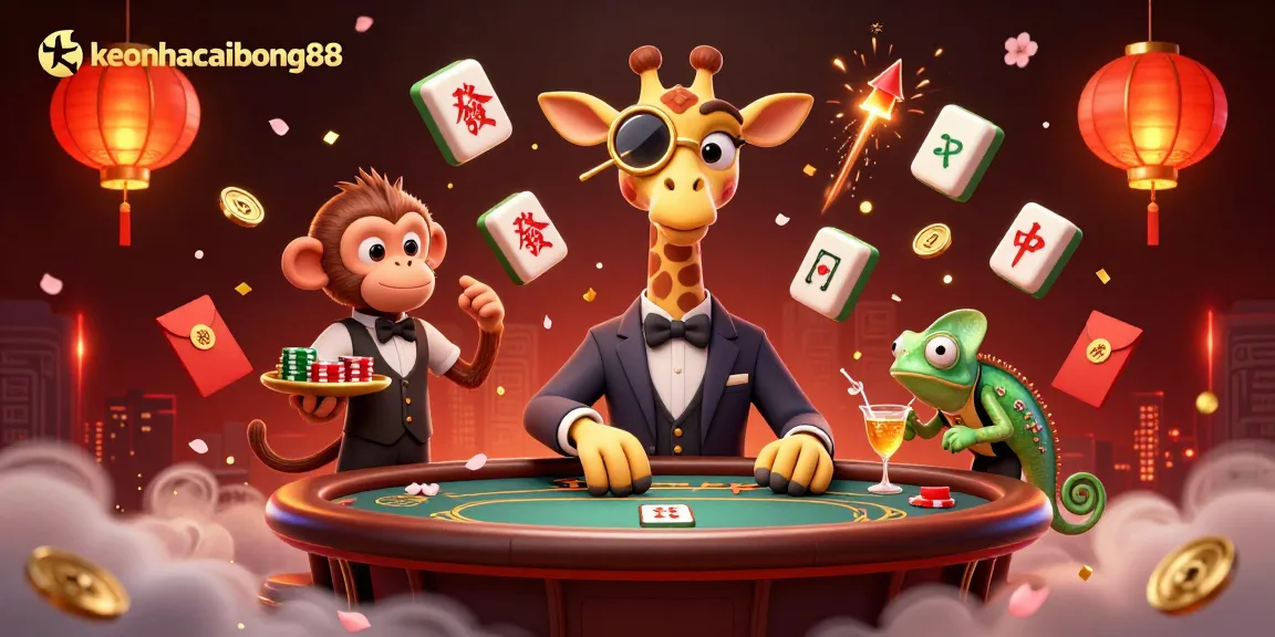 Play at keonhacaibong88 with a high-roller giraffe at a vibrant casino scene.