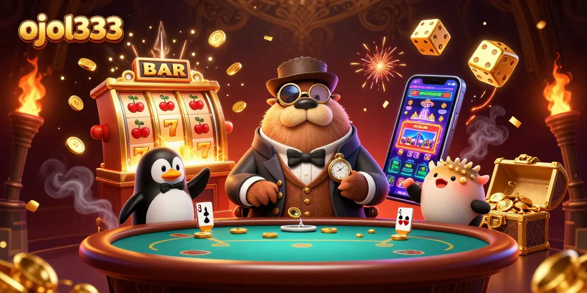 Engage in thrilling casino action with ojol333 at an underwater poker table featuring vibrant characters.