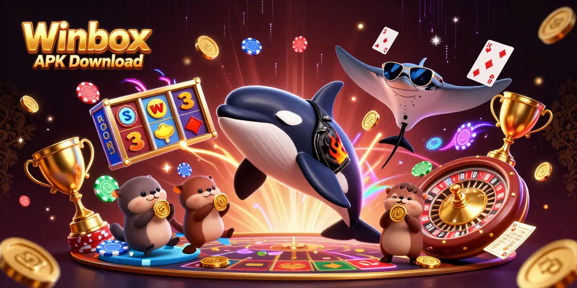 Experience the exciting Winbox APK Download featuring dynamic characters, casino elements, and vibrant energy.