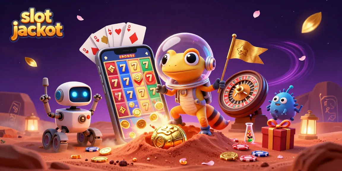 Experience the thrill of slot jackpot wins with a cartoon Martian gecko in a golden casino, spinning reels, and winning coins.