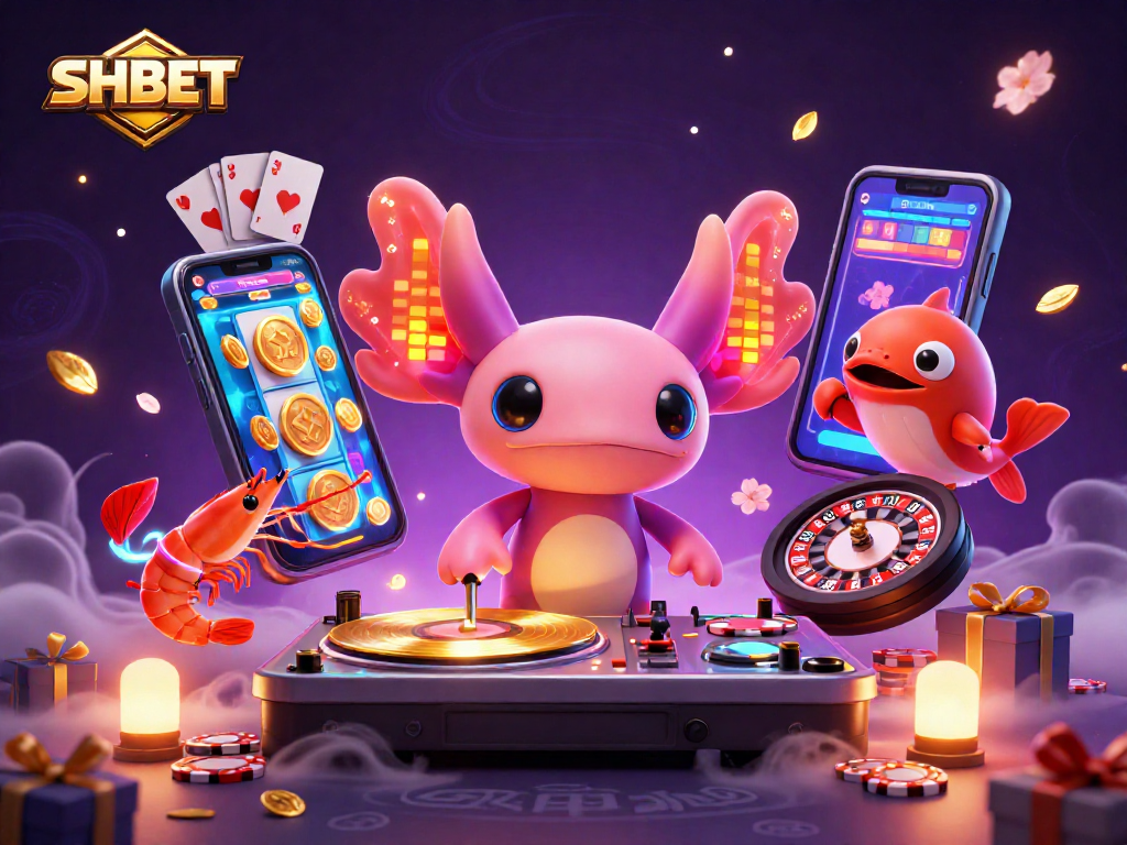 SHBET showcases a vibrant 3D scene of a neon axolotl DJ and animated marine friends celebrating gaming excitement.