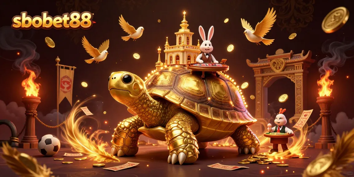 Experience sbobet88 excitement with a vibrant casino scene featuring golden coins, sports balls, and a lively rabbit dealer.
