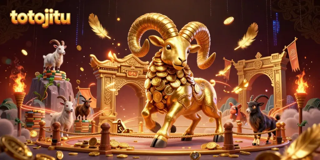 Engage in thrilling gameplay with totojitu, featuring a massive ram charging through golden gates amidst dazzling casino elements.