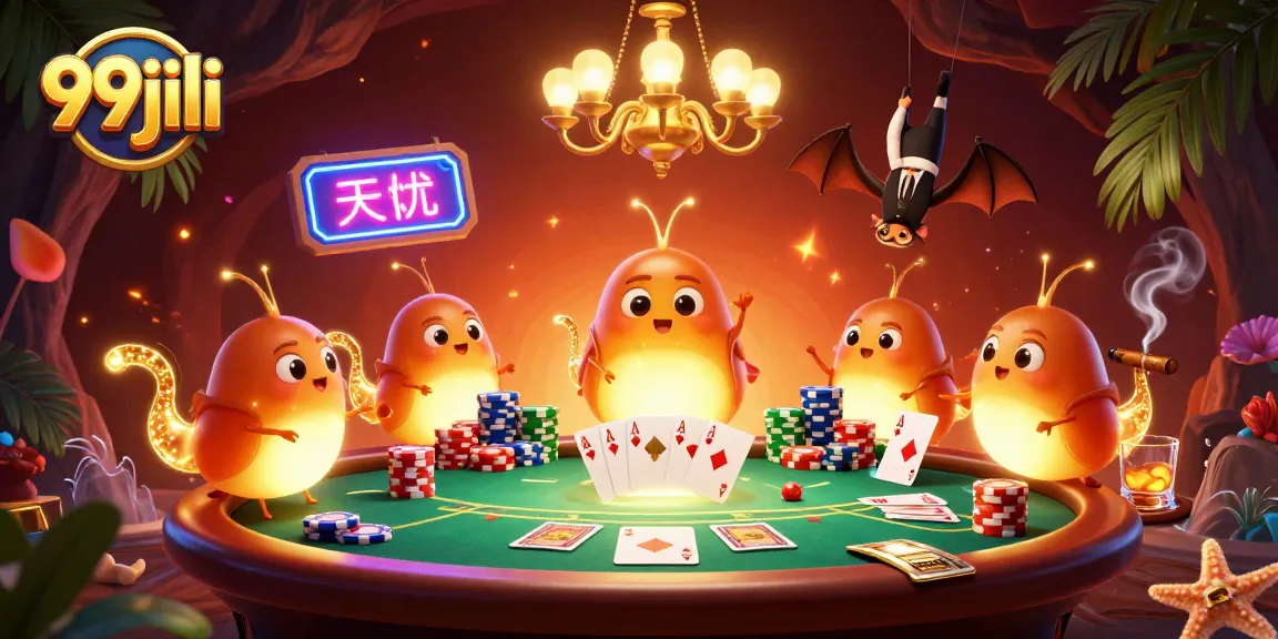 99jili glowworms illuminate a poker table in a vibrant cave casino scene filled with action.